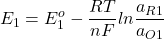 \begin{eqnarray*} E_1=E^o_1-\frac{RT}{nF}ln\frac{a_{R1}}{a_{O1}} \end{eqnarray*}