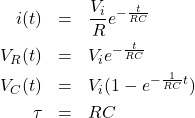 \begin{eqnarray*} i(t)&=&\frac{V_i}{R} e^{-\frac{t}{RC}}\\ V_R(t)&=& V_ie^{-\frac{t}{RC}}\\ V_C(t)&=& V_i ( 1 - e^{-\frac{1}{RC}t} )\\ \tau&=&RC \end{eqnarray*}