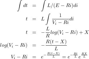 \begin{eqnarray*} \int dt&=&\int L/(E-Ri) di\\ t&=&L\int \frac{1}{V_i-Ri} di\\ t&=&-\frac{L}{R}log(V_i-Ri)+X\\ log(V_i-Ri)&=&-\frac{R(t-X)}{L}\\ V_i-Ri&=&e^{-\frac{R(t-X)}{L}}=e^{-\frac{Rt}{L}}e^{\frac{RX}{L}} \end{eqnarray*}