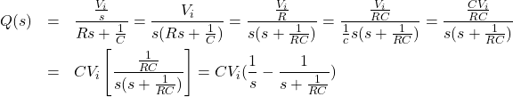 \begin{eqnarray*} Q(s)&=&\frac{\frac{V_i}{s}}{Rs+\frac{1}{C}}=\frac{V_i}{s(Rs+\frac{1}{C})}=\frac{\frac{V_i}{R}}{s(s+\frac{1}{RC})}=\frac{\frac{V_i}{RC}}{\frac{1}{c}s(s+\frac{1}{RC})}=\frac{\frac{CV_i}{RC}}{s(s+\frac{1}{RC})}\\ &=&CV_i \left[ \frac{\frac{1}{RC}}{s(s+\frac{1}{RC})} \right]=CV_i ( \frac{1}{s} - \frac{1}{s+\frac{1}{RC}}) \end{eqnarray*}