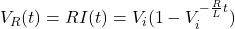 \begin{eqnarray*} V_R(t)=RI(t)=V_i (1-V_i^{-\frac{R}{L}t}) \end{eqnarray*}